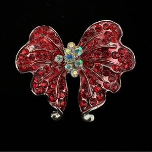 Gorgeous Red & White Iridescent Rhinestone Butterfly Brooch